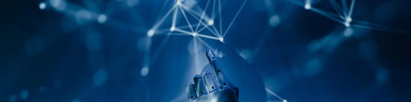A robotic hand reaching into a digital network on a blue background, symbolizing AI technology.